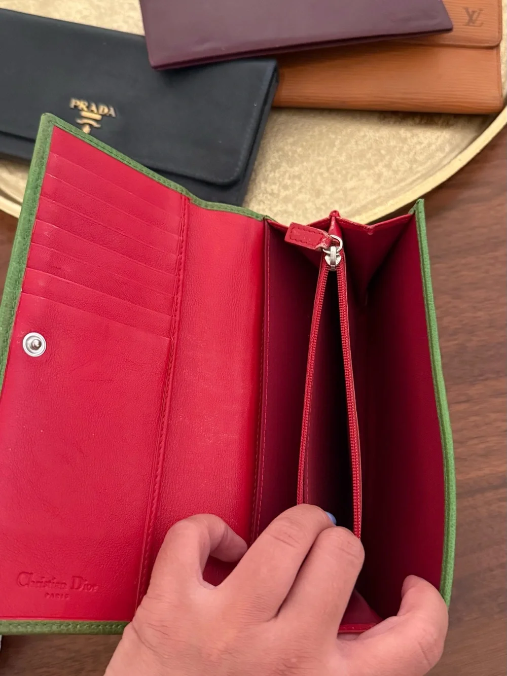 Dior Brown Monogram Canvas Wallet with Green Trim